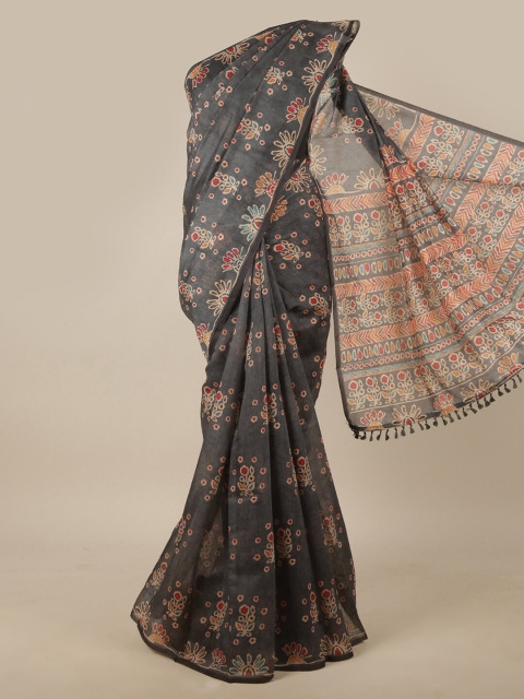 Pothys Grey & Red Floral Jute Silk Saree