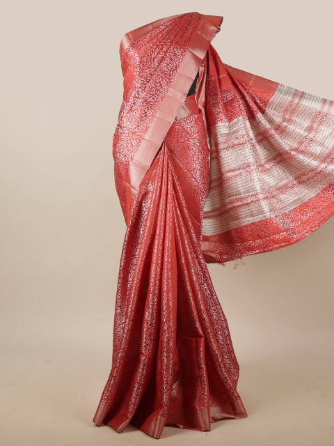 Pothys Red & Silver-Toned Woven Design Zari Jute Silk Saree