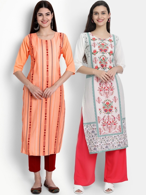 Ethnic basket Women Pack Of 2 Peach-Coloured & White Printed Floral Crepe Kurta