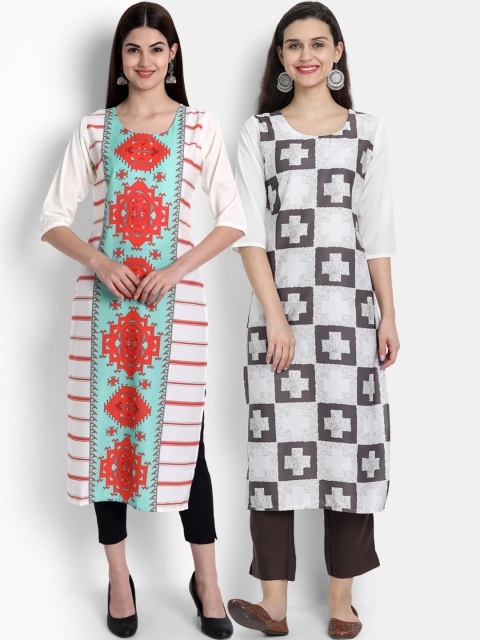 Ethnic basket Women Pack Of 2 White & Blue Geometric Printed Crepe Kurta
