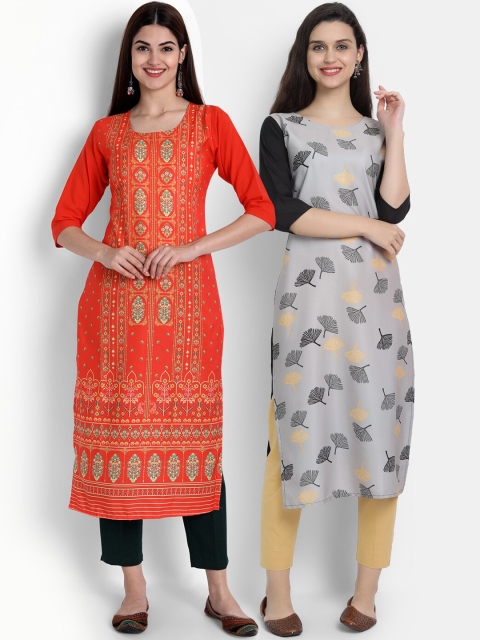Ethnic basket Women Pack of 2 Printed Crepe Kurtas, Grey
