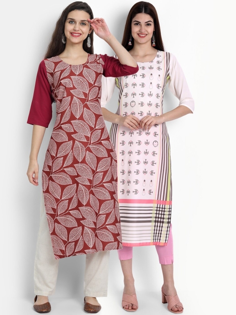 Ethnic basket Women Pack Of 2 Red & Pink Floral Printed Floral Crepe Kurta