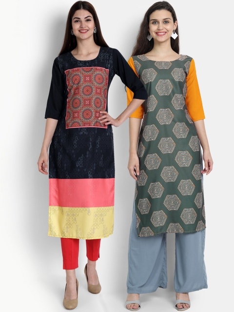 Ethnic basket Women Pack of 2 Printed Crepe Kurtas, Blue