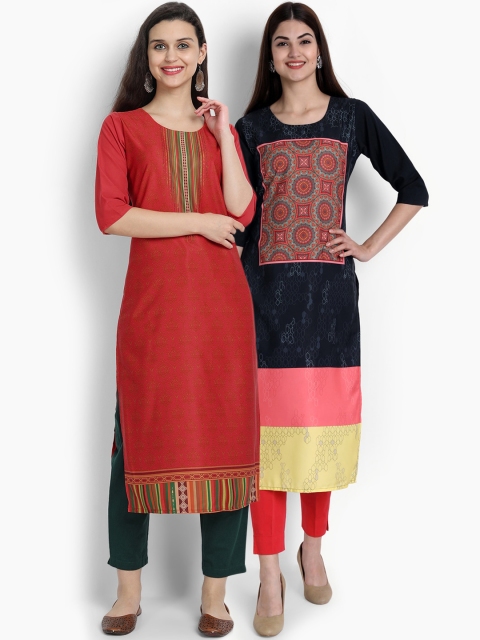 Ethnic basket Women Pack of 2 Printed Crepe Kurtas, Red