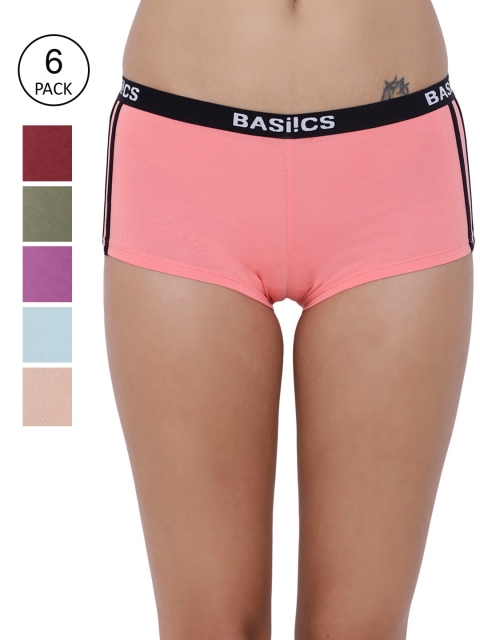 BASIICS by La Intimo Women Pack of 6 Solid Low Waist Boyshort Panty, Pink