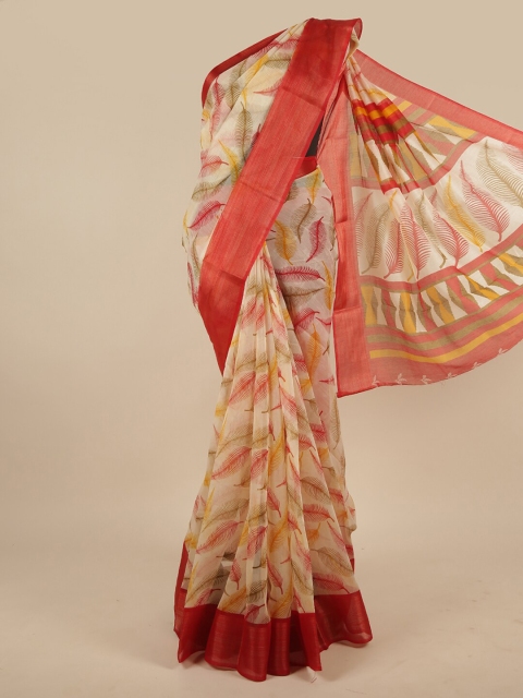 Pothys Cream-Coloured & Red Floral Zari Saree