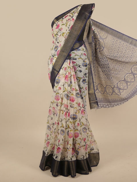 Pothys Cream-Coloured & Pink Floral Printed Saree