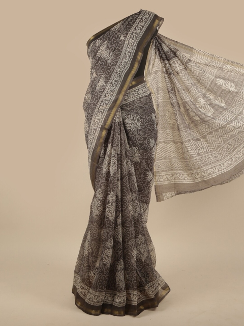 Pothys Grey & White Floral Zari Saree