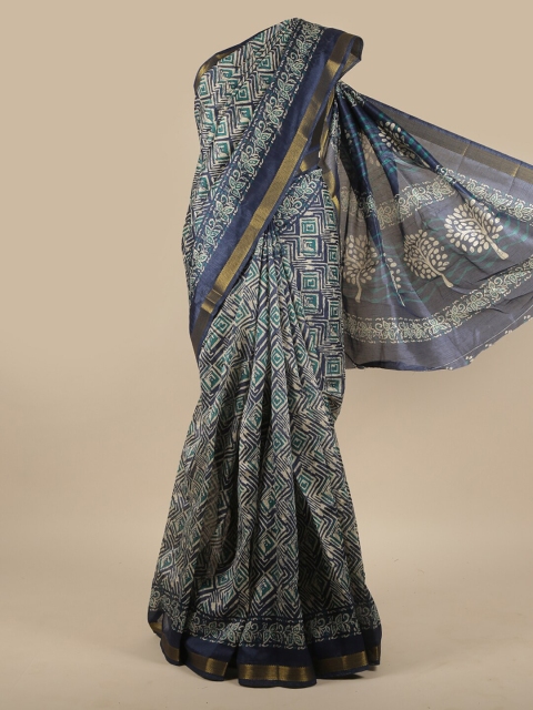 Pothys Blue & White Printed Zari Saree