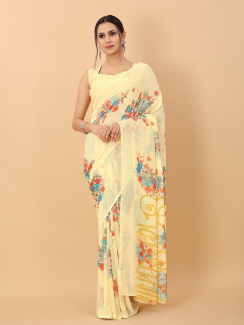 PERFECTBLUE Yellow & Blue Georgette Floral Saree