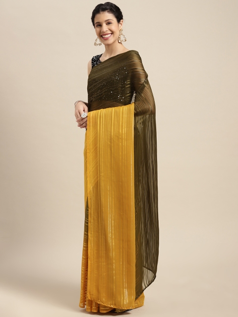 Satrani Mustard & Olive Green Ombre Striped Saree