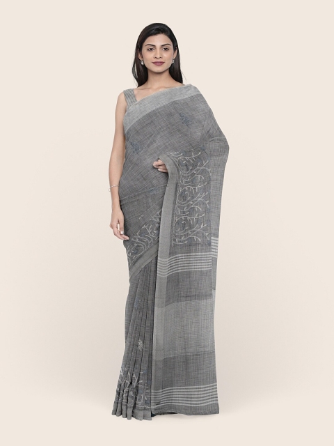 Pothys Grey Floral Embroidered Linen Blend Saree