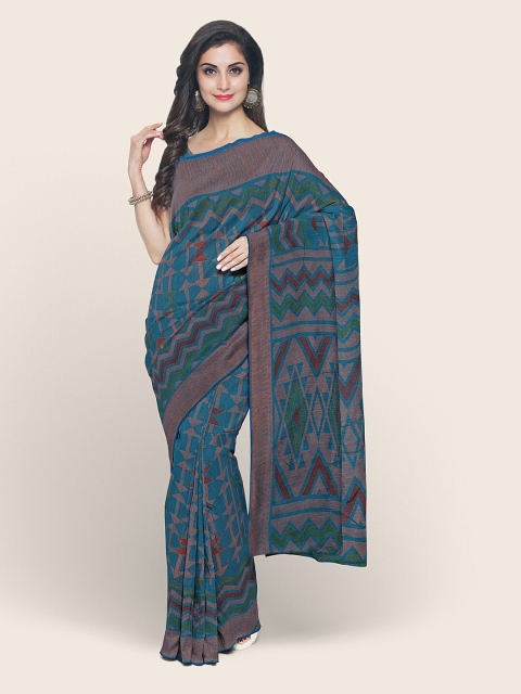Pothys Blue & Green Geometric Printed Saree