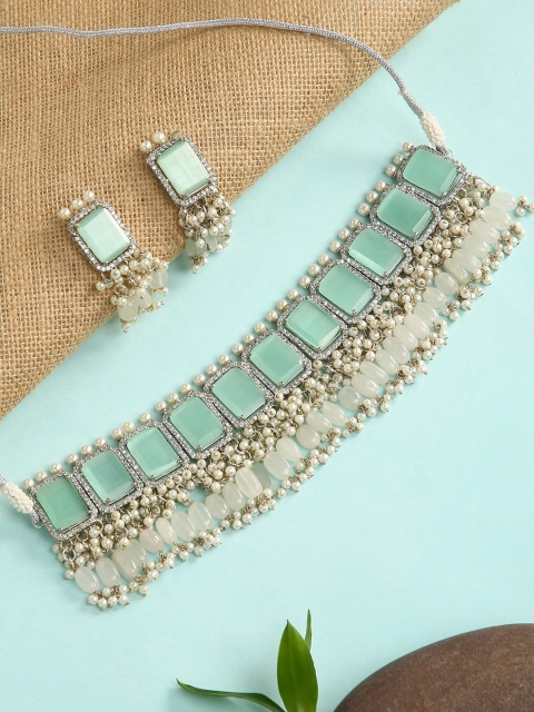 justpeachy Silver-Plated Blue & White Stone-Studded & Pearl Beaded Jewellery Set, Green
justpeachy Silver-Plated Blue & White Stone-Studded & Pearl Beaded Jewellery Set, Green