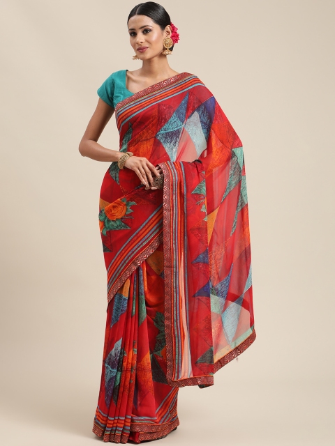 Triveni Red & Blue Pure Georgette Saree