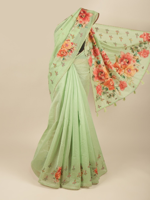 Pothys Green Floral Printed Jute Cotton Saree