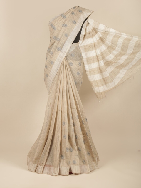 Pothys Grey & Beige Floral Jute Cotton Saree