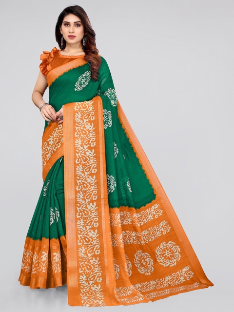 KALINI Green & Orange Batik Zari Saree