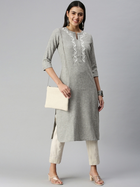 ETIQUETTE Women Grey & White Striped Thread Work Straight Kurta