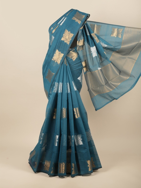 Pothys Teal & Gold-Toned Ethnic Motifs Saree