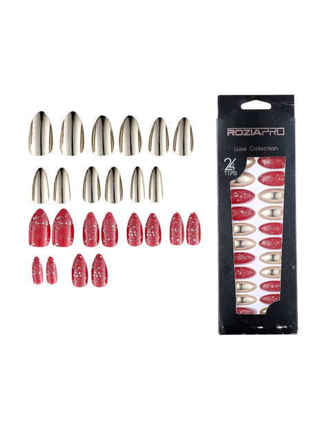 Rozia Set of 24 Red & Gold Fake Coffin Shape Artificial Nails
Rozia Set of 24 Red & Gold Fake Coffin Shape Artificial Nails