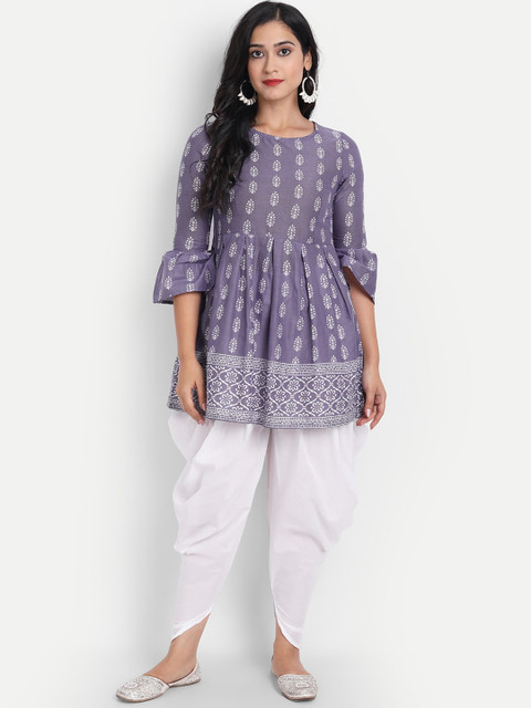 JAIPURI BUNAAI Women Purple & White Ethnic Motifs Printed Pleated Kurti with Dhoti Pants
JAIPURI BUNAAI Women Purple & White Ethnic Motifs Printed Pleated Kurti with Dhoti Pants
