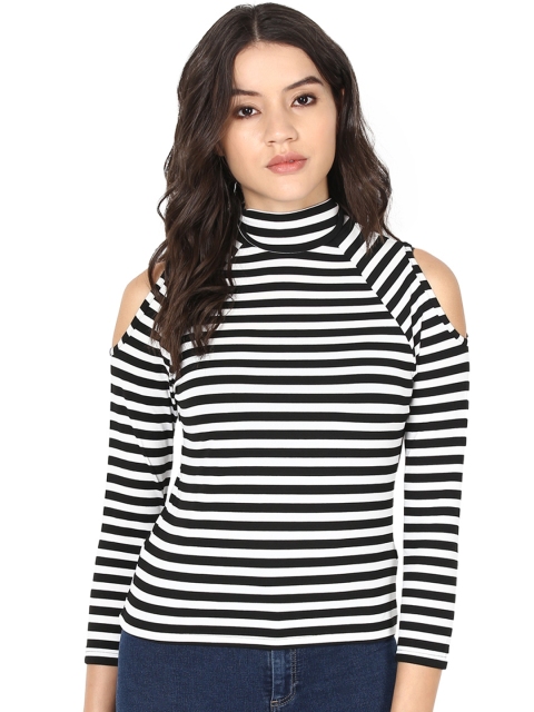 Harpa Women Black & White Striped Cold Shoulder Top