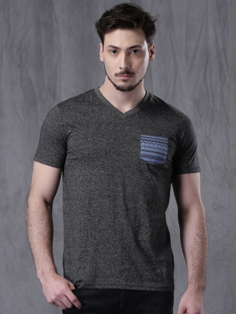 WROGN Men Charcoal Grey V-Neck T-shirt