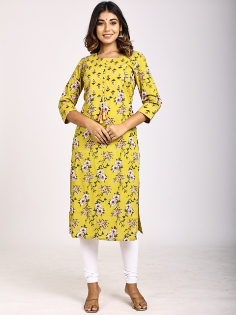 Swasti Women Mustard Yellow & Pink Floral Printed Cotton Straight Kurta