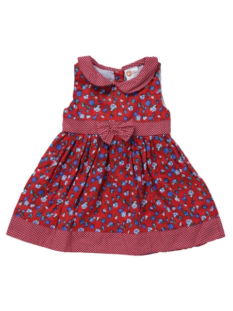 612 league Girls Red & Blue Floral Peter Pan Collar Cotton Dress