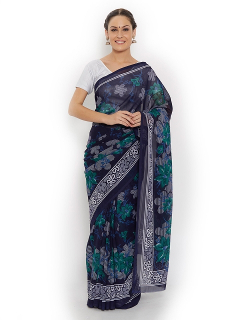 Ishin Blue Faux Georgette Floral Print Saree
