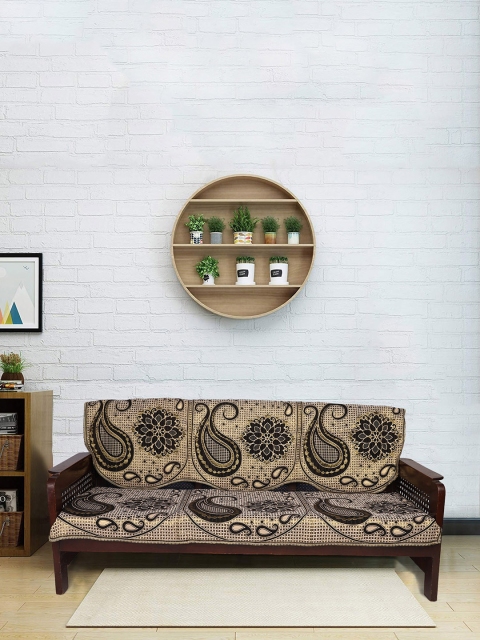 RUGSMITH Cream Colored & Black Self Design 5-Seater Sofa Cover