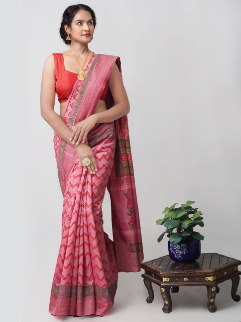 Unnati Silks Pink & Green Block Printed Ethnic Motifs Mysore Silk Saree