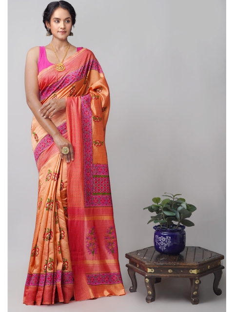 Unnati Silks Peach & Pink Floral Printed Mysore Silk Saree