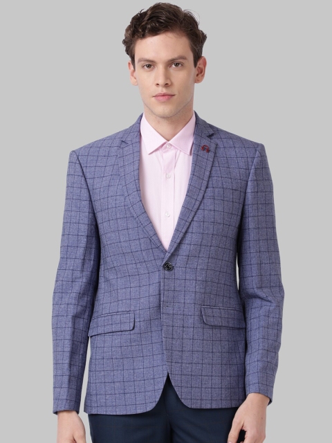 Park Avenue Men Blue Checked Single Breasted Formal Blazer