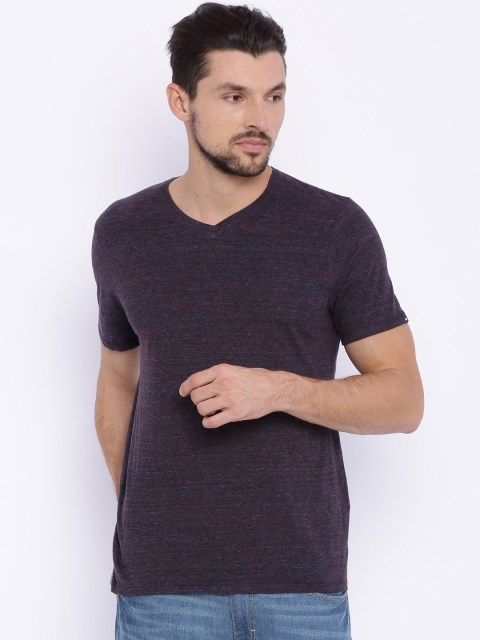 Basics Men Blue & Red Printed V-Neck T-shirt