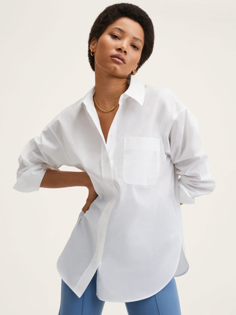 MANGO Women White Pure Cotton Oversize Casual Shirt