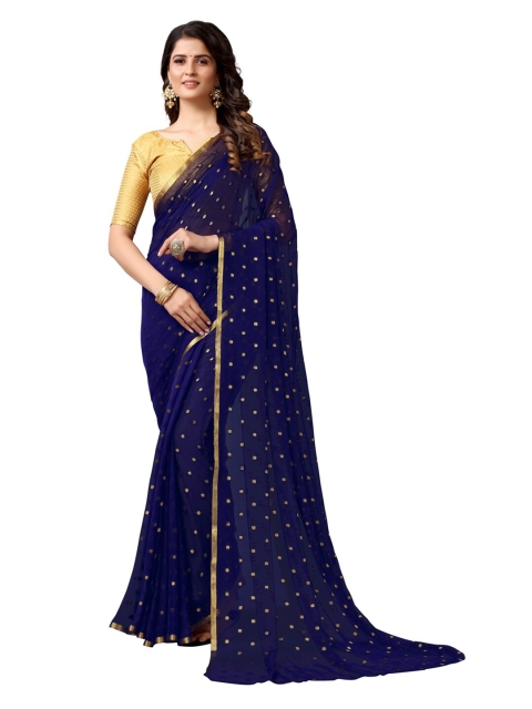 KALINI Navy Blue & Gold-Toned Woven Design Zari Saree