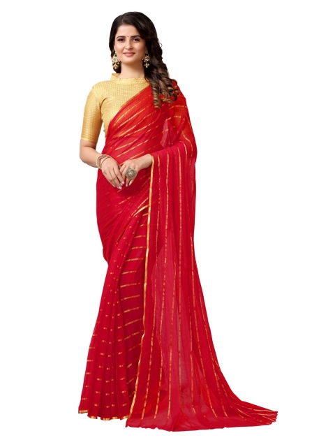 KALINI Red & Gold-Toned Striped Zari Saree