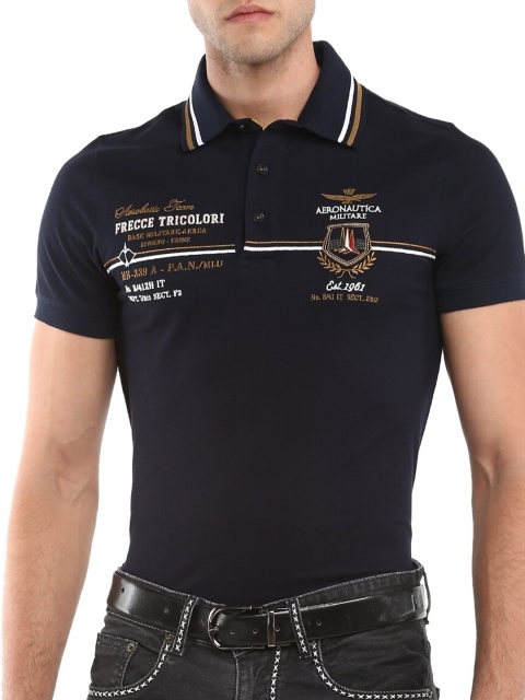 Aeronautica Militare Men Blue Typography Printed Polo Collar Slim Fit T-shirt