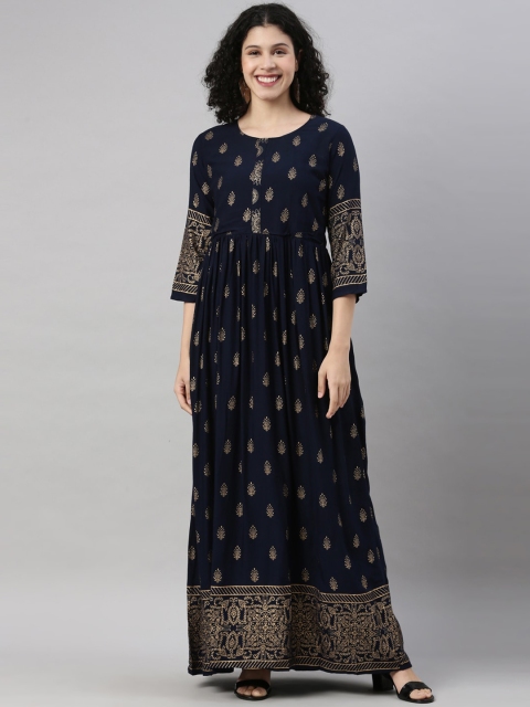 GOLDSTROMS Women Navy Blue & Gold-Toned Ethnic Motifs Printed Keyhole Neck Anarkali Kurta
GOLDSTROMS Women Navy Blue & Gold-Toned Ethnic Motifs Printed Keyhole Neck Anarkali Kurta
