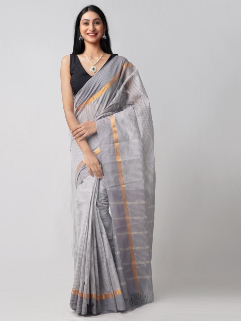 Unnati Silks Grey & Gold-Toned Checked Pure Cotton Handloom Sustainable Mangalagiri Saree
Unnati Silks Grey & Gold-Toned Checked Pure Cotton Handloom Sustainable Mangalagiri Saree