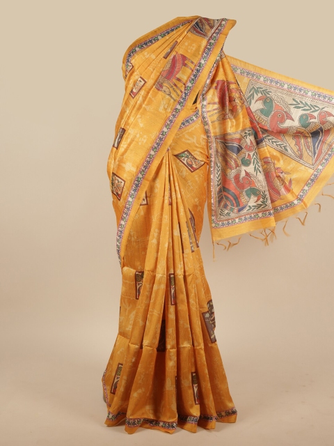 Pothys Mustard & Blue Ethnic Motifs Jute Silk Saree