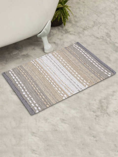 Home Centre Beige & Grey Textured Cotton Woven Bath Rug