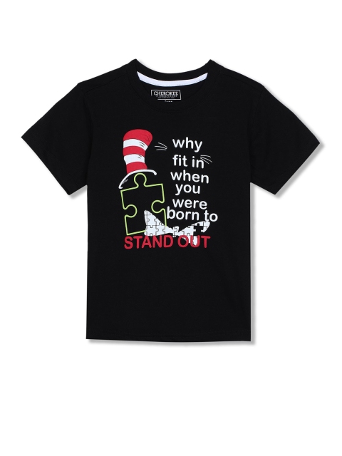Cherokee Boys Black Typography Cotton Blend Printed T-shirt