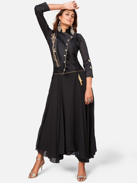 SHOPGARB Women Black Embroidered Thread Work Asymmetric Georgette Anarkali Kurta