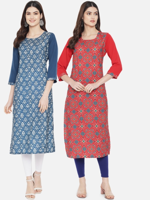 KALINI Women Pack of 2 Blue & Red Digital Printed Straight Kurtas