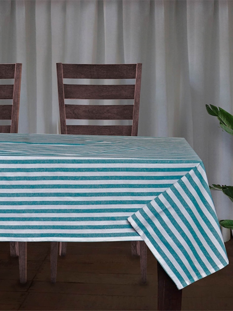 ZEBA White & Blue Striped 6 Seater Table Cover