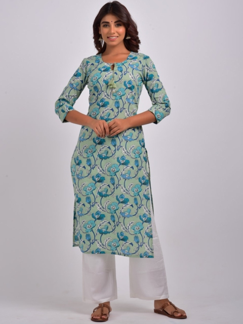 Swasti Women Sea Green & Blue Floral Printed Keyhole Neck Cotton Floral Kurta