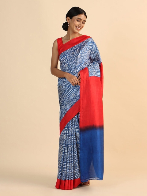 Taneira White & Blue Ethnic Motifs Pure Silk Saree